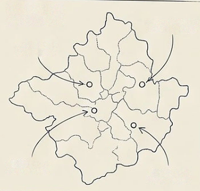 Ink sketch of a district map with marked offices